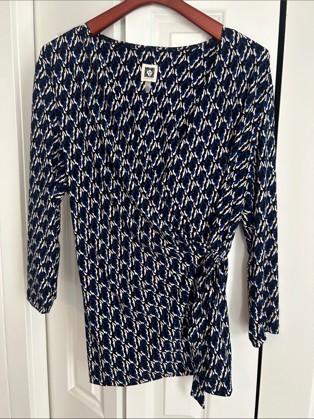 Anne Klein Blue and White Long-Sleeve Wrap Blouse